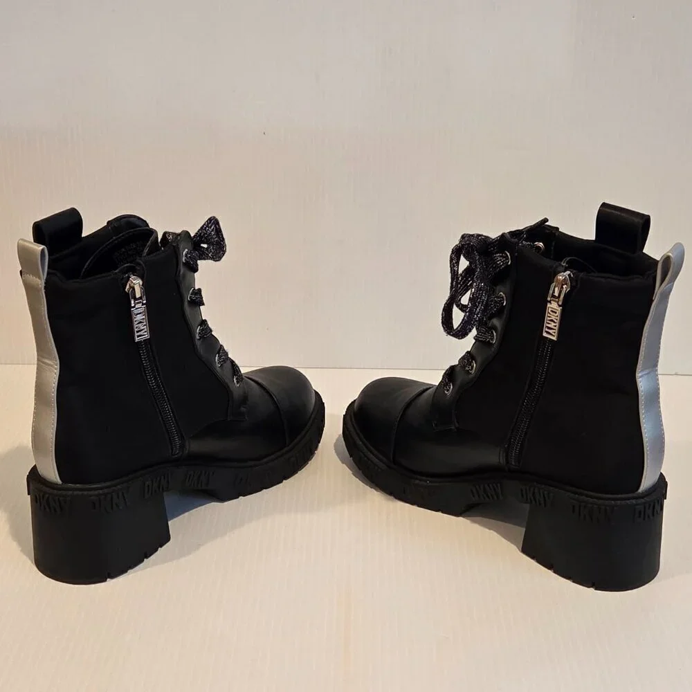 DKNY Girls Haley Block Heel Combat Military Black Boots Size 3 Chunky Heel